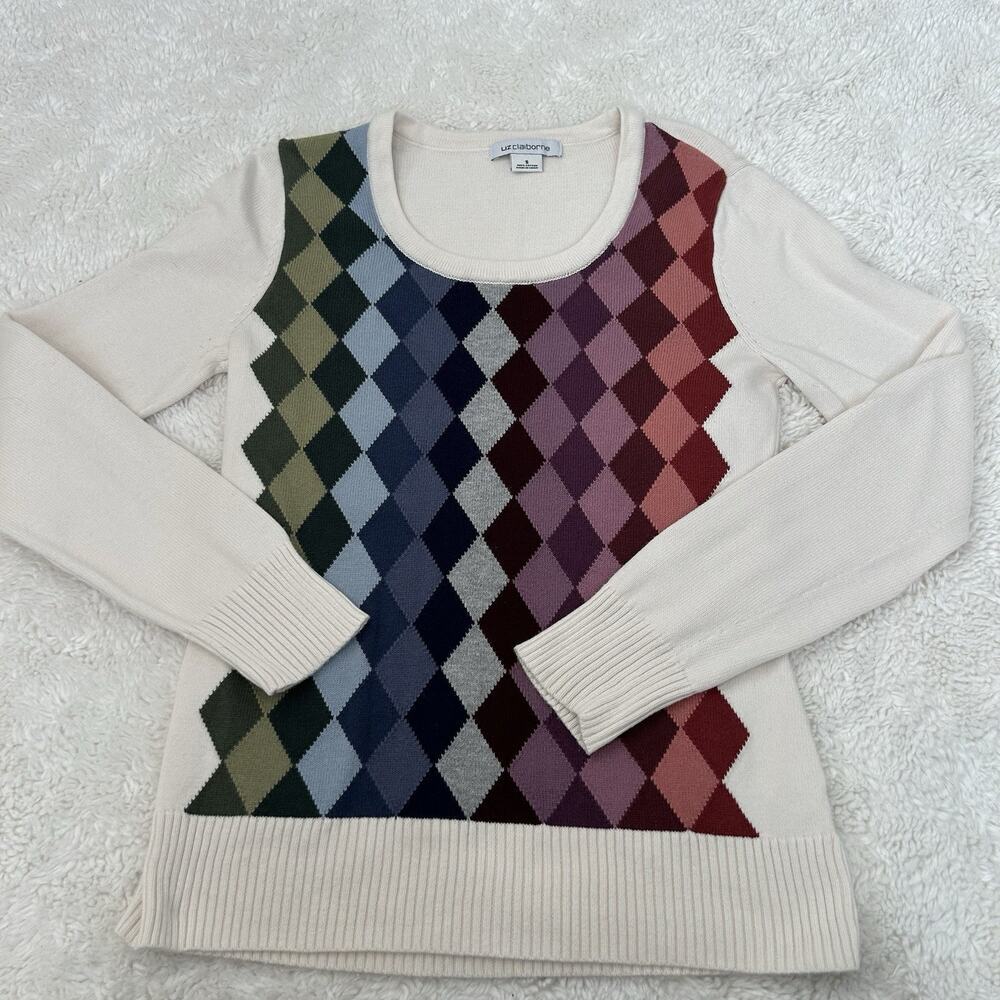 Y2K Liz Claiborne VTG Sweatshirt Sz S Rainbow Argyle Crewneck Soft Ballet Core